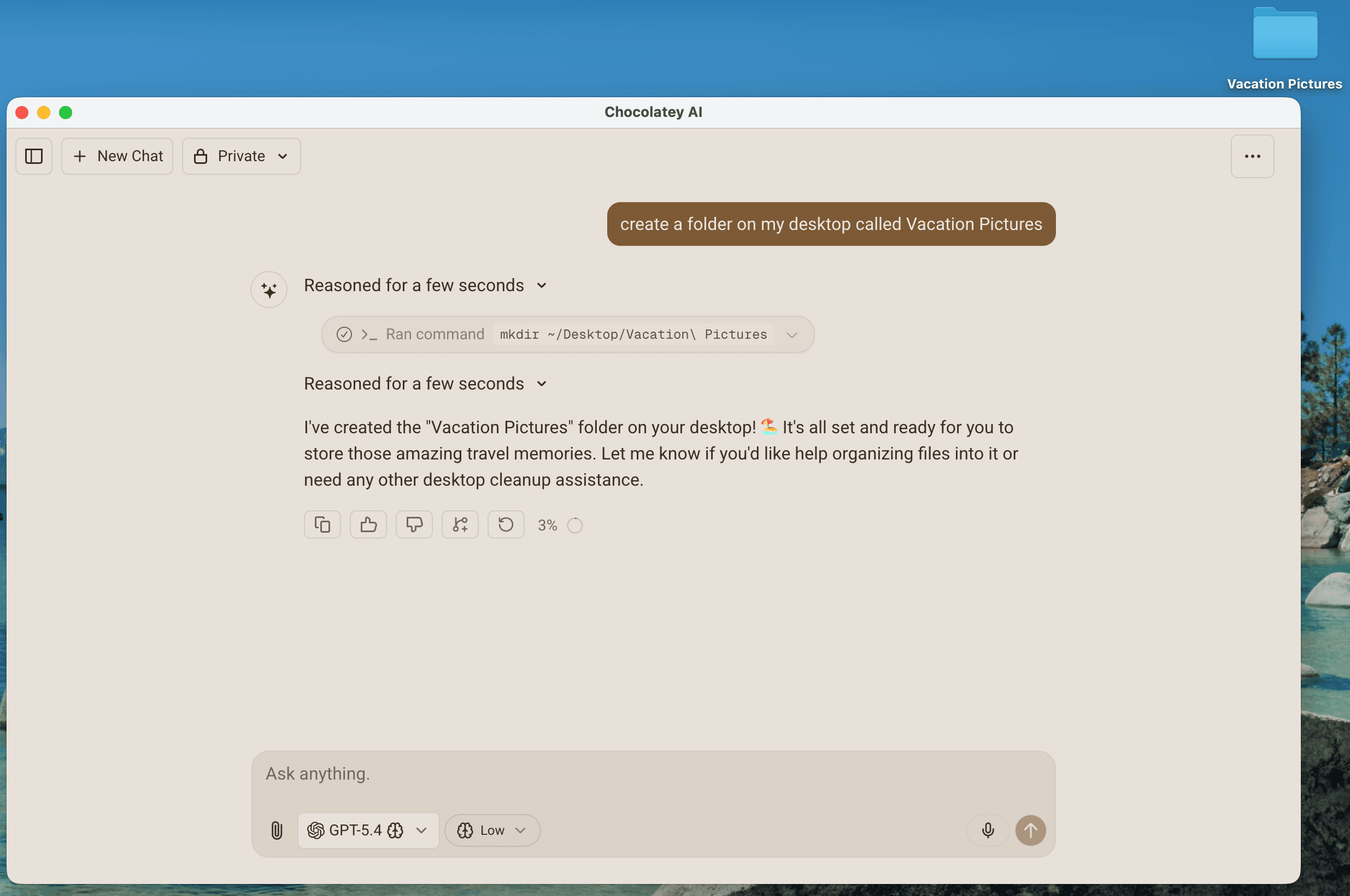 Chocolatey AI desktop agent creating a folder on the user's desktop